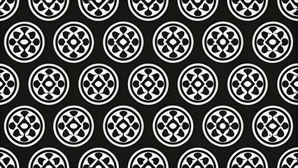 A repeating pattern of circular motifs in white on a black background, showcasing a modern, graphic design aesthetic.