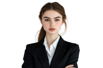 Confident and Composed: A striking portrait of a young businesswoman, her gaze direct and unwavering, exudes confidence and professionalism.  Her sleek black blazer and crisp white shirt.