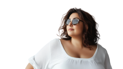 Confident and Chic: A portrait of a beautiful woman with natural makeup, wearing stylish sunglasses, and a white t-shirt, exudes confidence and effortless chic.