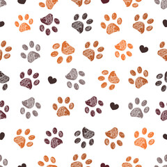Brown orange doodle paw prints and hearts seamless fabric design pattern