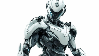 A futuristic humanoid robot with a sleek design and glowing blue accents.