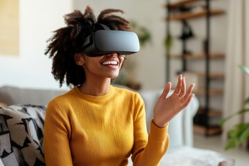 A joyful woman wearing virtual reality goggles, fully immersed in an engaging virtual experience, capturing the essence of modern technology and innovation.