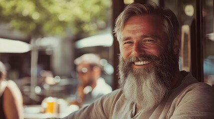 6. A man with a distinctive beard and a warm smile, enjoying a sunny day at a cafe