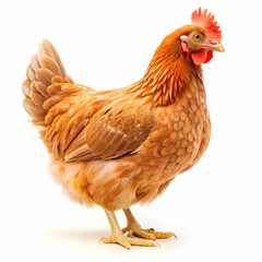 Fototapeta premium A hen displayed on a white background, showcasing its soft feathers and characteristic
