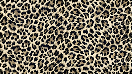 A close-up of a leopard print pattern featuring a blend of beige and black spots on a textured background.