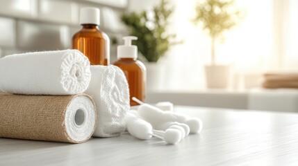 Spa Essentials with Towels and Natural Products in Bright Room