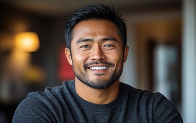 Obraz premium Asian man with a smile on his face is wearing a pink shirt