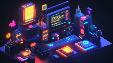 Isometric illustration of a programmer's neon-lit workspace with computer, keyboard, and various tech gadgets.