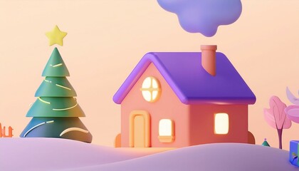 Fototapeta premium Evening winter landscape with a house and a Christmas tree. Light in the window and smoke coming from the chimney. 3d illustration