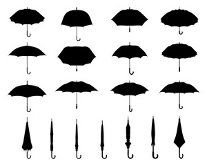 Black silhouettes of open and closed umbrellas on a white background  © Design Studio RM