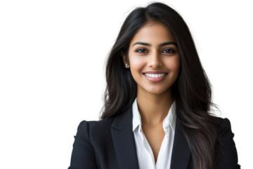 Indian businesswoman in a suit, standing confidently in modern office, professional demeanor,isolated on transparent and white background.PNG image