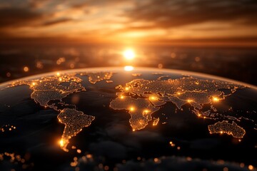 A glowing world map showcases interconnected regions against a sunset backdrop, symbolizing global connectivity and modern technological advancements.