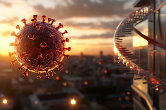 A close-up of a virus particle situated next to a DNA strand over a cityscape at sunset, emphasizing medical research and genetic exploration themes.