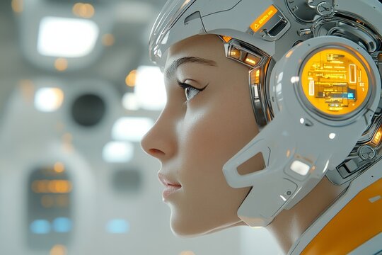 A profile shot of a person wearing a high-tech helmet, featuring a glowing digital interface, highlights technology's potential in blending with human capability.