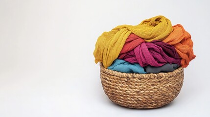 Colorful Textiles in Woven Basket Against Neutral Background