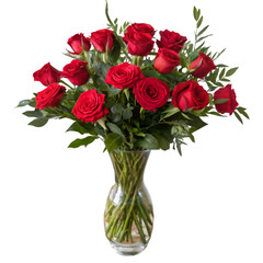 Vase with bouquet of red rose isolated on white background