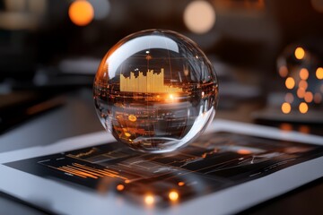 A crystal ball containing statistical data, depicting the intersection of analytics and predictive insights within a futuristic digital landscape for forecasting.