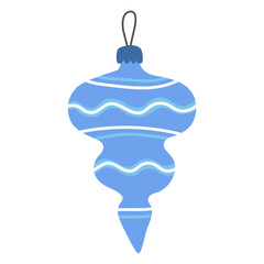 Blue christmas ball, icicle isolated on white. New Year's toy. Christmas tree decor. Cute cartoon illustration.	