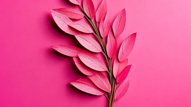 Bright pink leaf arrangement on a vibrant pink background showcasing natural beauty and artistic design
