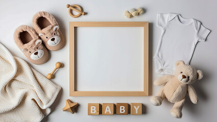 Pregnancy, baby coming announcement template, square wooden frame mockup, cozy fall flat lay composition with warm baby overall, teddy bear, toy and blanket.