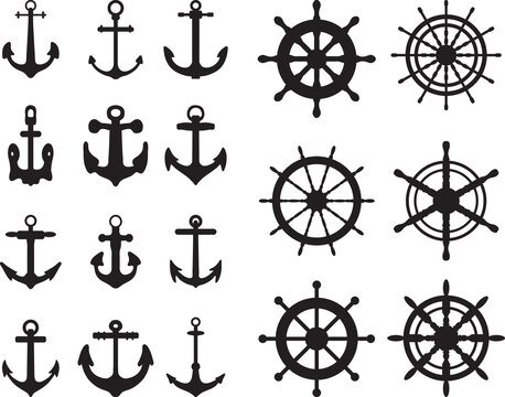 Set of anchors and rudders symbols or logo template 
