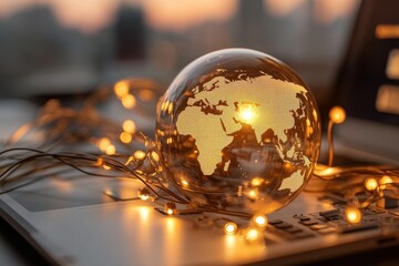 A glowing glass globe with digital map and illuminated wires resting on network hardware, representing global digital connectivity and technological advancement.