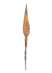 A rusty spear is shown on a white background