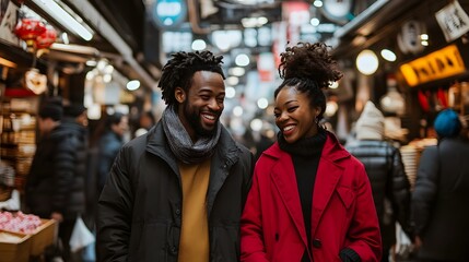 Obraz premium 28. A couple with distinct fashion choices and warm smiles, walking through a bustling market