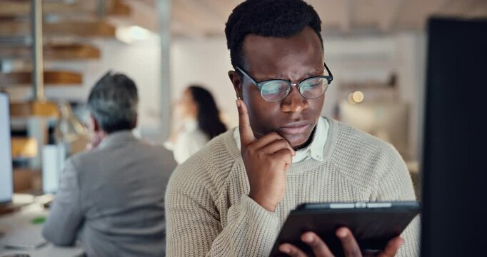 Businessman, tablet and ideas in office with research, thinking and problem solving for creative project. Designer, professional and networking with digital technology for planning or brainstorming