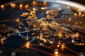 A detailed map of Europe is brightly lit with network nodes, showing the dense web of digital communications and connections across European countries.