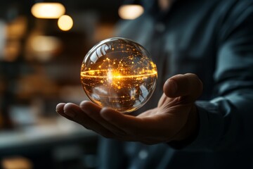 Fototapeta premium A hand presents a digital sphere that glows with energy, symbolizing technology, innovation, and the boundless potential of the digital frontier forces.