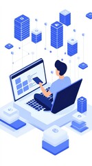 A blockchain developer reviewing code on a laptop, surrounded by digital assets on a clean white background