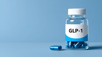 A medicine bottle labeled glp-1 placed against a blue background, medical research, pharmaceutical development, healthcare concept