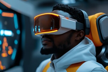 A person wearing a futuristic VR headset experiences immersive virtual environments, highlighting the intersection of technology and human perception.