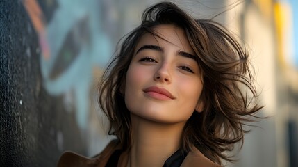 Fototapeta premium 34. A young woman with a unique hairstyle and a vibrant smile, posing against a striking urban backdrop