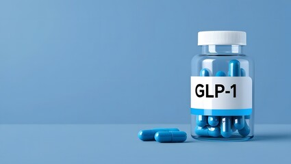 A medicine bottle labeled glp-1 placed against a blue background, medical research, pharmaceutical development, healthcare concept
