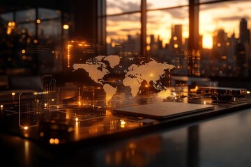A digital world map overlay floats above a table in a modern urban environment during sunset, illustrating a blend of technology and city life in one scene.