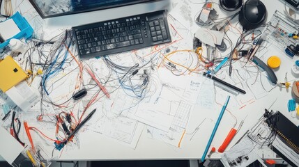 Chaos of a Creative Workspace with Cables, Paper, and Tools