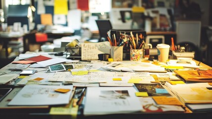 Fototapeta premium Creative Workspace with Papers, Notes, and Art Supplies in Focus