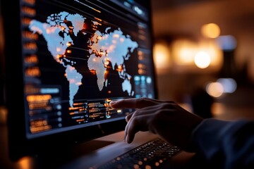 A digital world map displayed on a computer monitor, featuring interactive data points and glowing connections, indicative of global networking and information exchange.