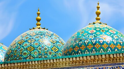 Two ornate, colorful domes with intricate tilework against a clear sky.