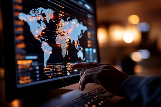 A digital world map displayed on a computer monitor, featuring interactive data points and glowing connections, indicative of global networking and information exchange.
