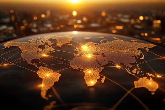 A golden map of the world with illuminated lines crossing continents, representing global connectivity and interaction in a warm, sunset-colored ambiance.