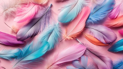 Fototapeta premium Colorful Soft Feathers Lying on a Pink Surface for Creative Projects