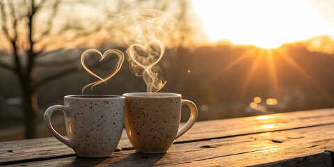 Romantic Coffee Cups with Heart Steam at Sunset