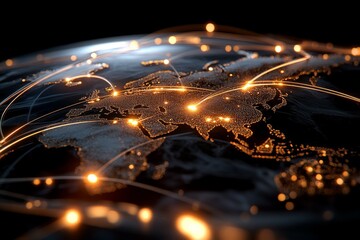 A digital representation of Asia, illustrating interconnected pathways illuminated in a radiant glow, symbolizing international communication and connectivity.