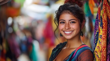 Obraz premium 45. A young woman with a distinctive outfit and a joyful smile, exploring a colorful marketplace