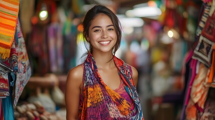 Obraz premium 45. A young woman with a distinctive outfit and a joyful smile, exploring a colorful marketplace