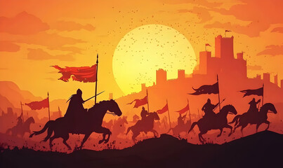 Naklejka premium A silhouette of horsemen with flags against a vibrant sunset and a castle backdrop.