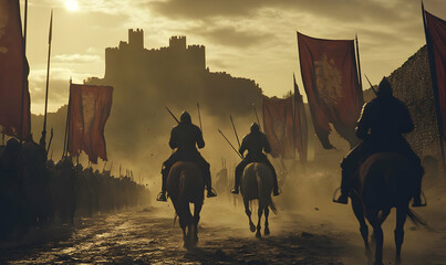 Horsemen in armor ride towards a castle, surrounded by banners in a dramatic, misty setting.